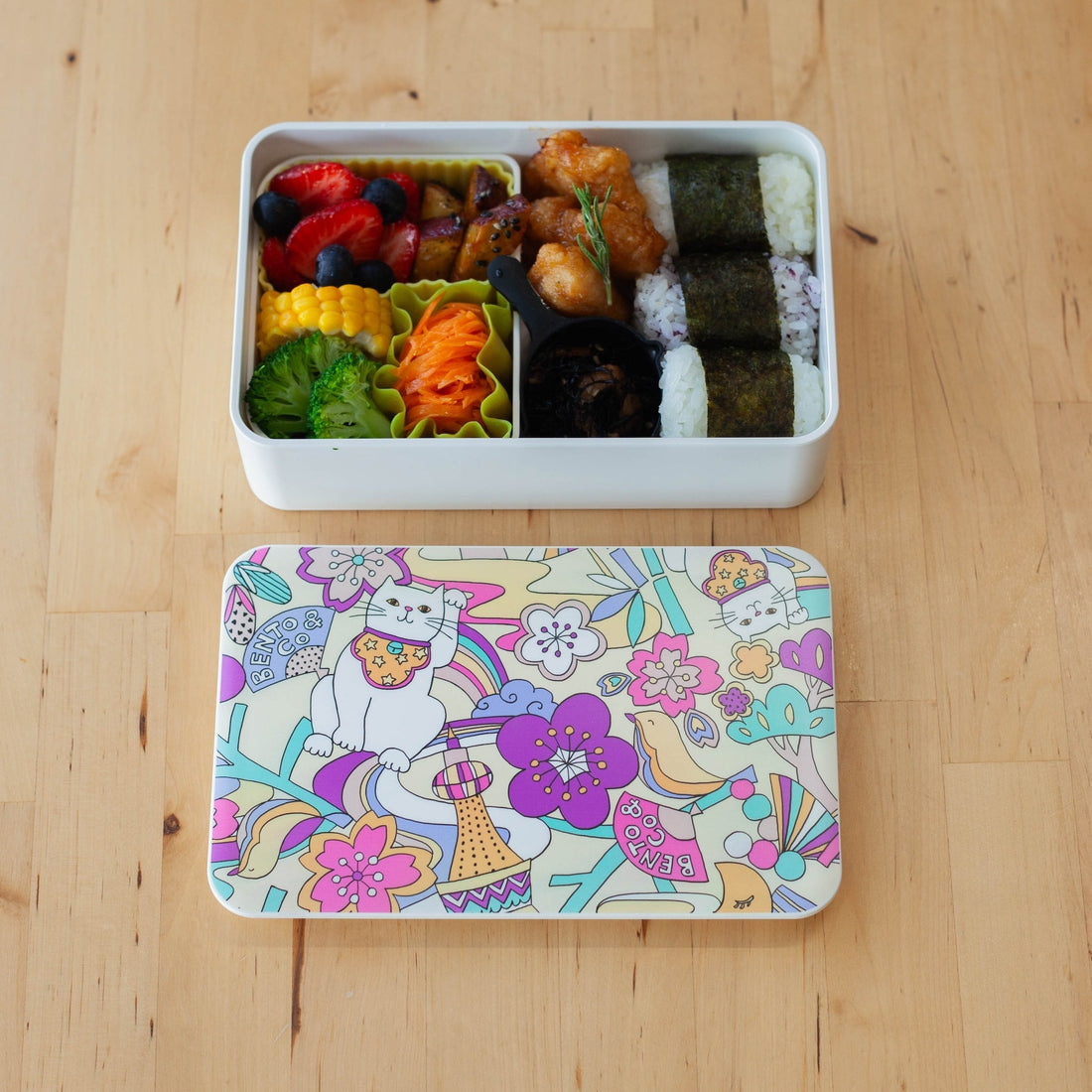 Bento&coオリジナルお弁当笱「ネコポップ」 - ポップなネコデザインの一段寄り弁当笱