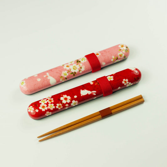 桜うさぎ箸箱セット 赤・ピンク 天然木箸付 Hakoya 日本製