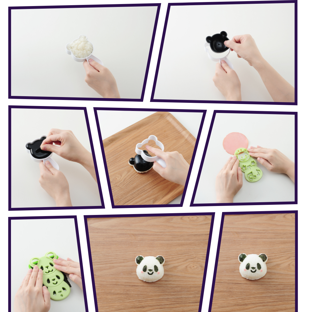 おむすびパンダの使い方ステップ — ご飯を型に入れて成形し、海苔カッターで顔を作るまでの7ステップ