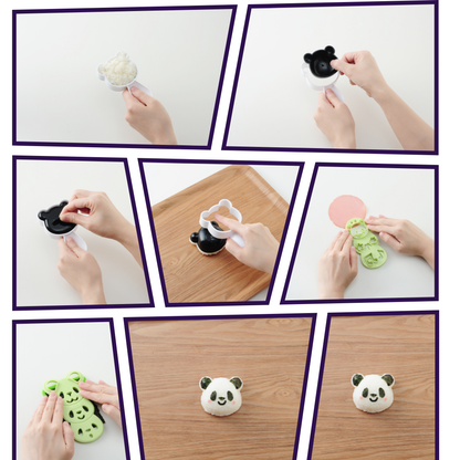 おむすびパンダの使い方ステップ — ご飯を型に入れて成形し、海苔カッターで顔を作るまでの7ステップ