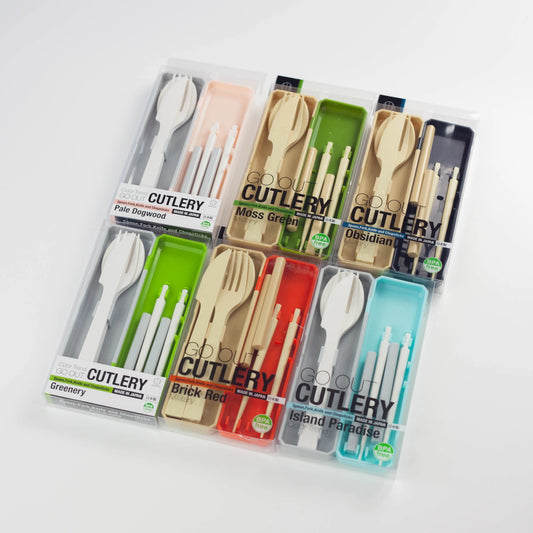 GO OUT Cutlery Set – Compact fork, spoon, knife & collapsible chopsticks in a portable case, Made in Japan