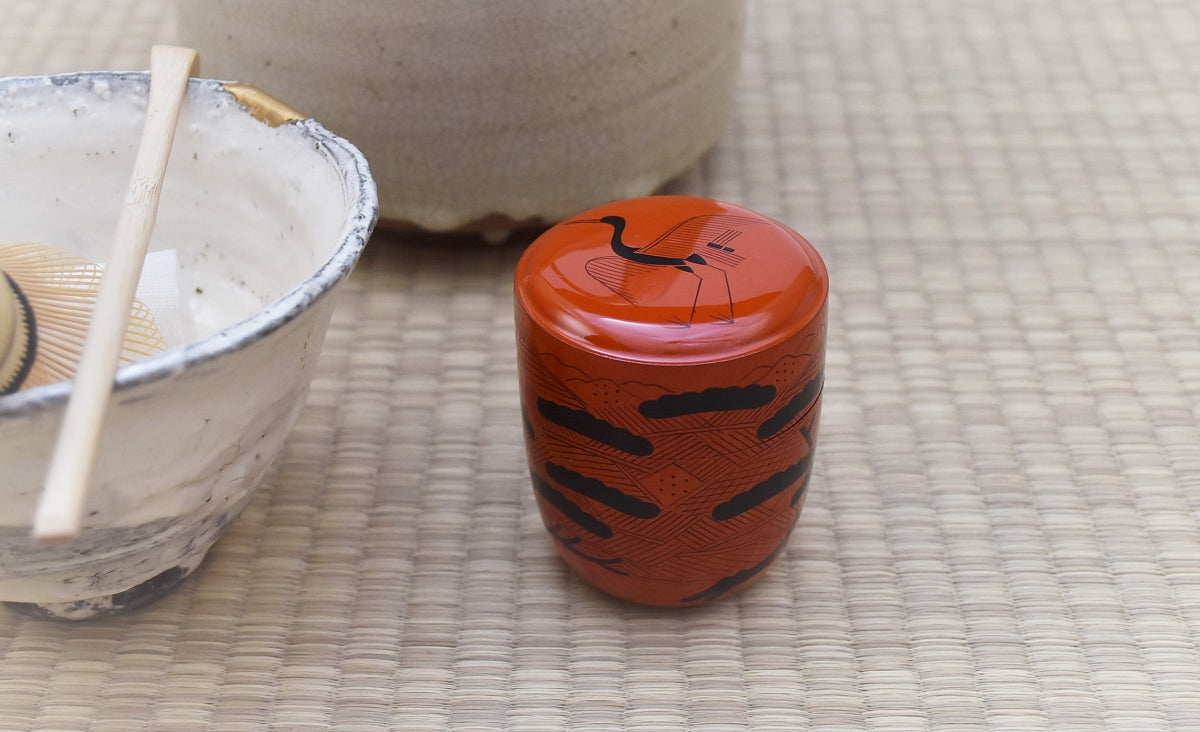 山中塗　曙棗 朱塗 切合口 蓬莱絵 桐箱入