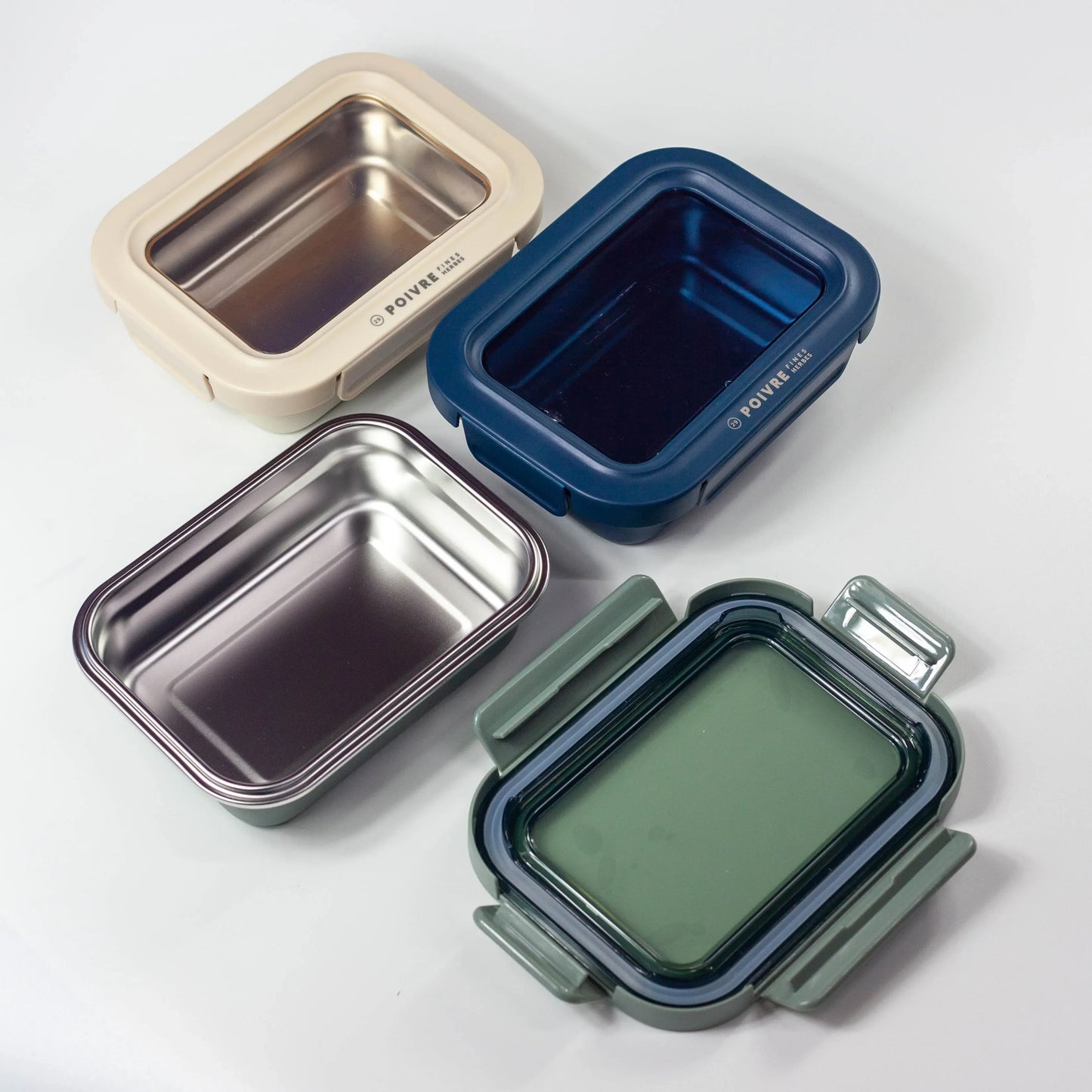 ポワブル ステンレス4点ロックランチコンテナ M 、640ml、4点ロック＋パッキン付きフタ ３色