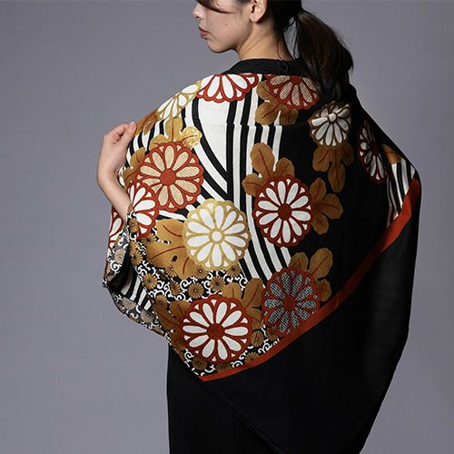 Setsugekka Kiku Furoshiki 120cm used as a shawl