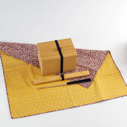 竹製二段弁当箱・箸・風呂敷のセット（黒）- Bento&co